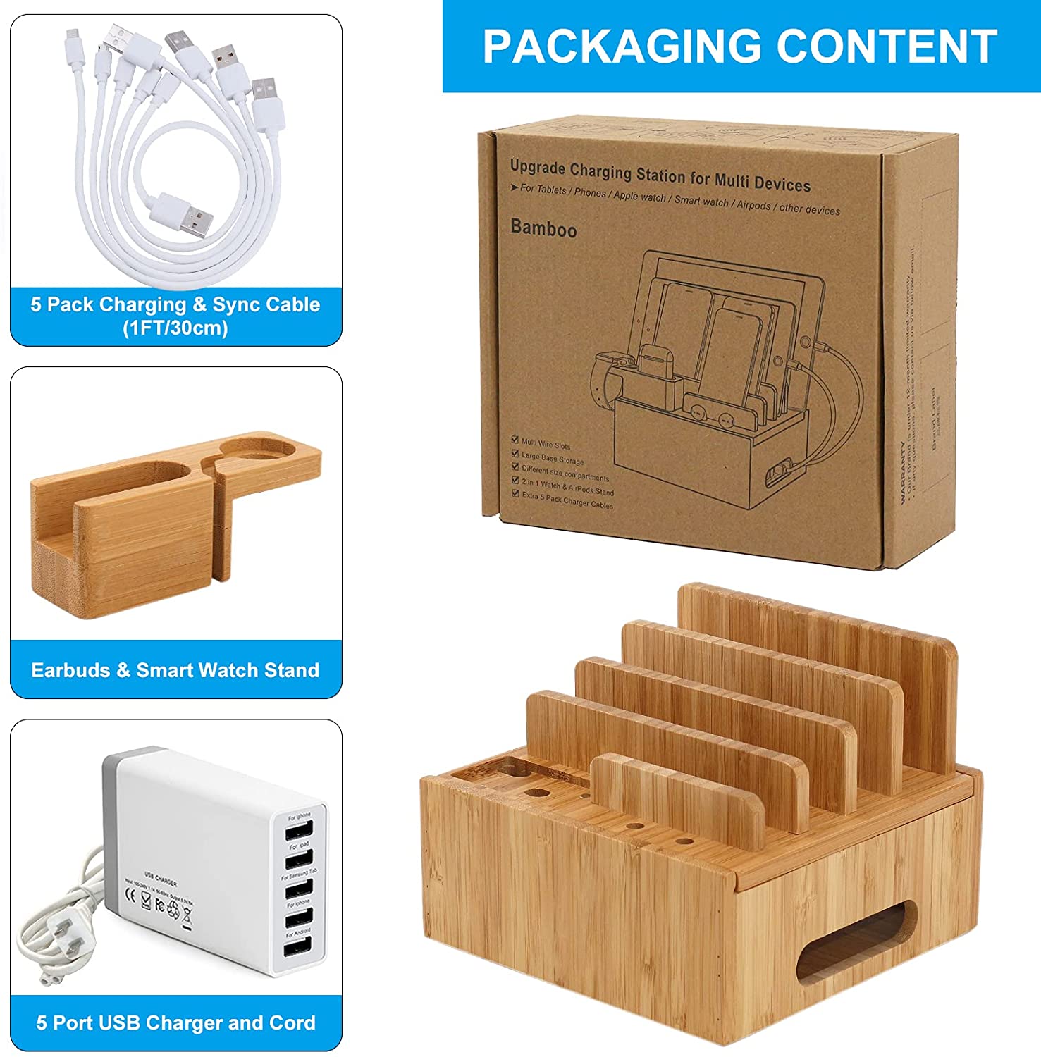 Maliben | Tekavo Chargedock Charging Station Made Of Bamboo | 5-Port Usb & Organizer | For Smartphone, Tablet & Smartwatch | Incl. Cable Set