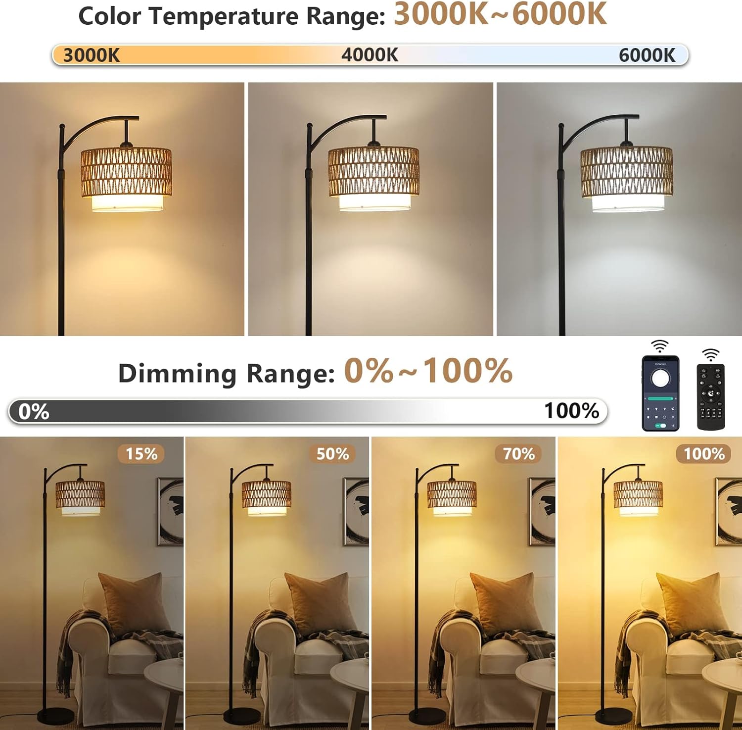 Maliben Arc Floor Lamp with Remote Control & Dual Shades – Norvella