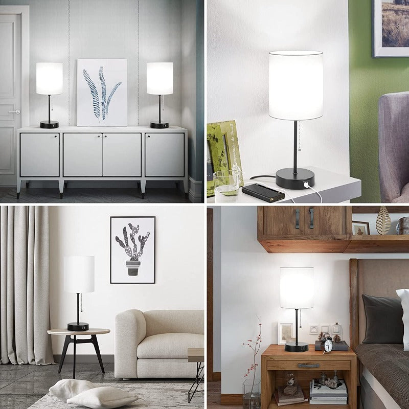 Maliben | Table Lamp Set Of 2 With Usb Charging Ports, Gray Bedside Lamps With Ac Outlet, Bedside Lamps With Pull Switch, Minimalist Modern Desk Lamps With Fabric Shade For Living Room Bedroom Office