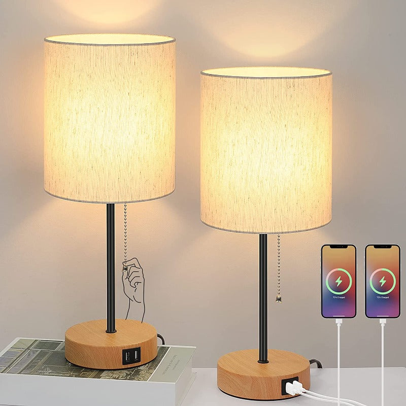 Maliben | Table Lamp Set Of 2 With Usb Charging Ports, Gray Bedside Lamps With Ac Outlet, Bedside Lamps With Pull Switch, Minimalist Modern Desk Lamps With Fabric Shade For Living Room Bedroom Office