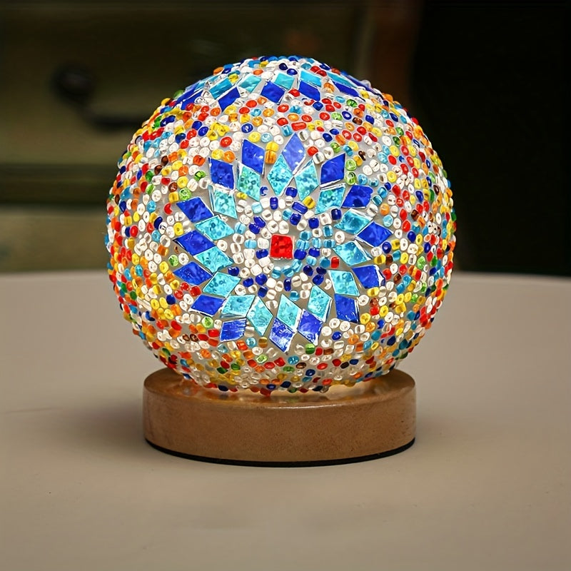 Maliben | Mosaic Glass Ball Table Lamp With Wooden Base - Turkish Moroccan Inspired