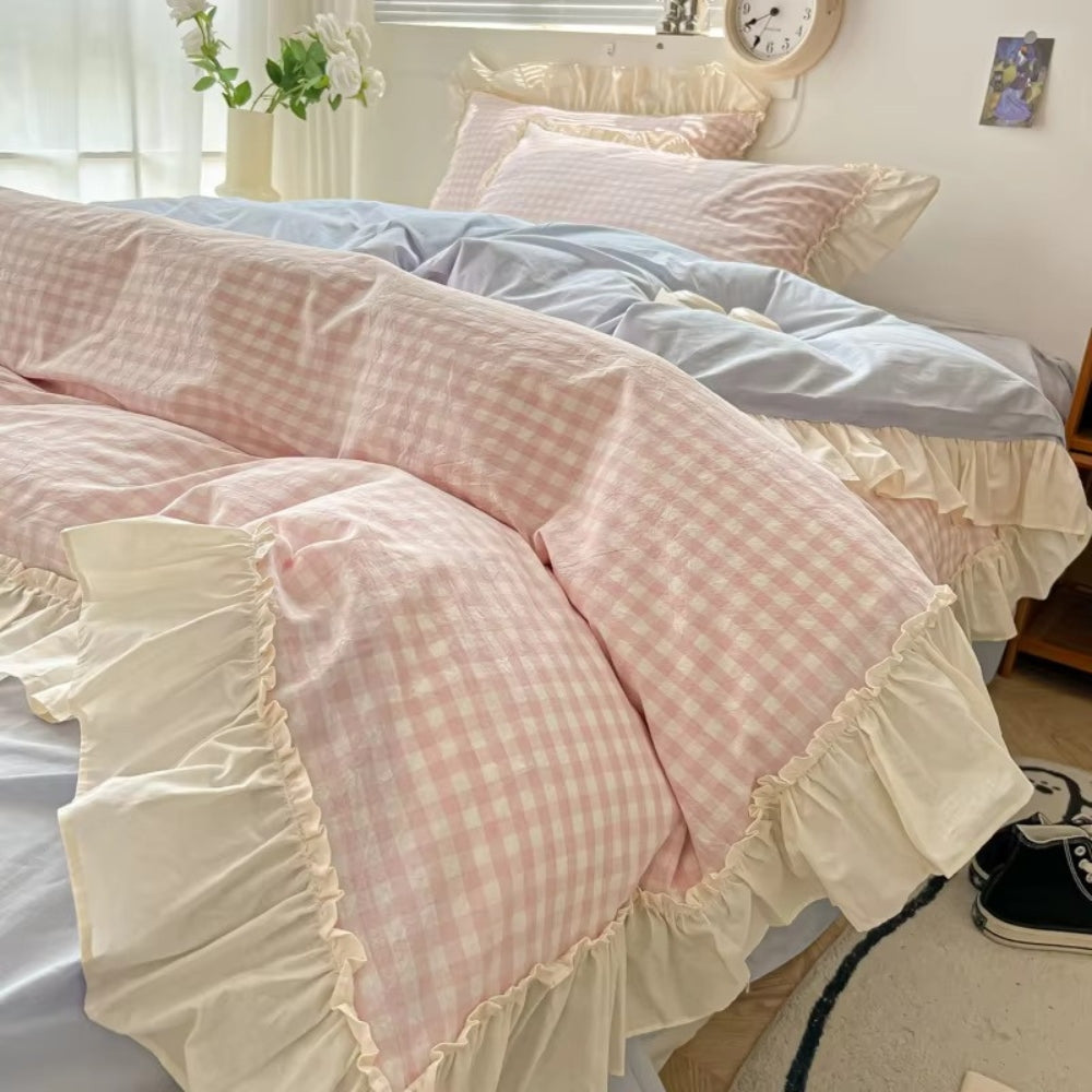 Maliben | Gingham Check Ruffled Edges Bedding Set