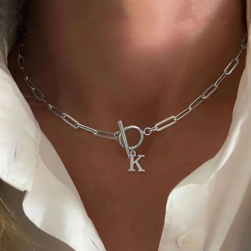 Maliben | Paperclip Letter Initial Circle Lock Clasp Necklace