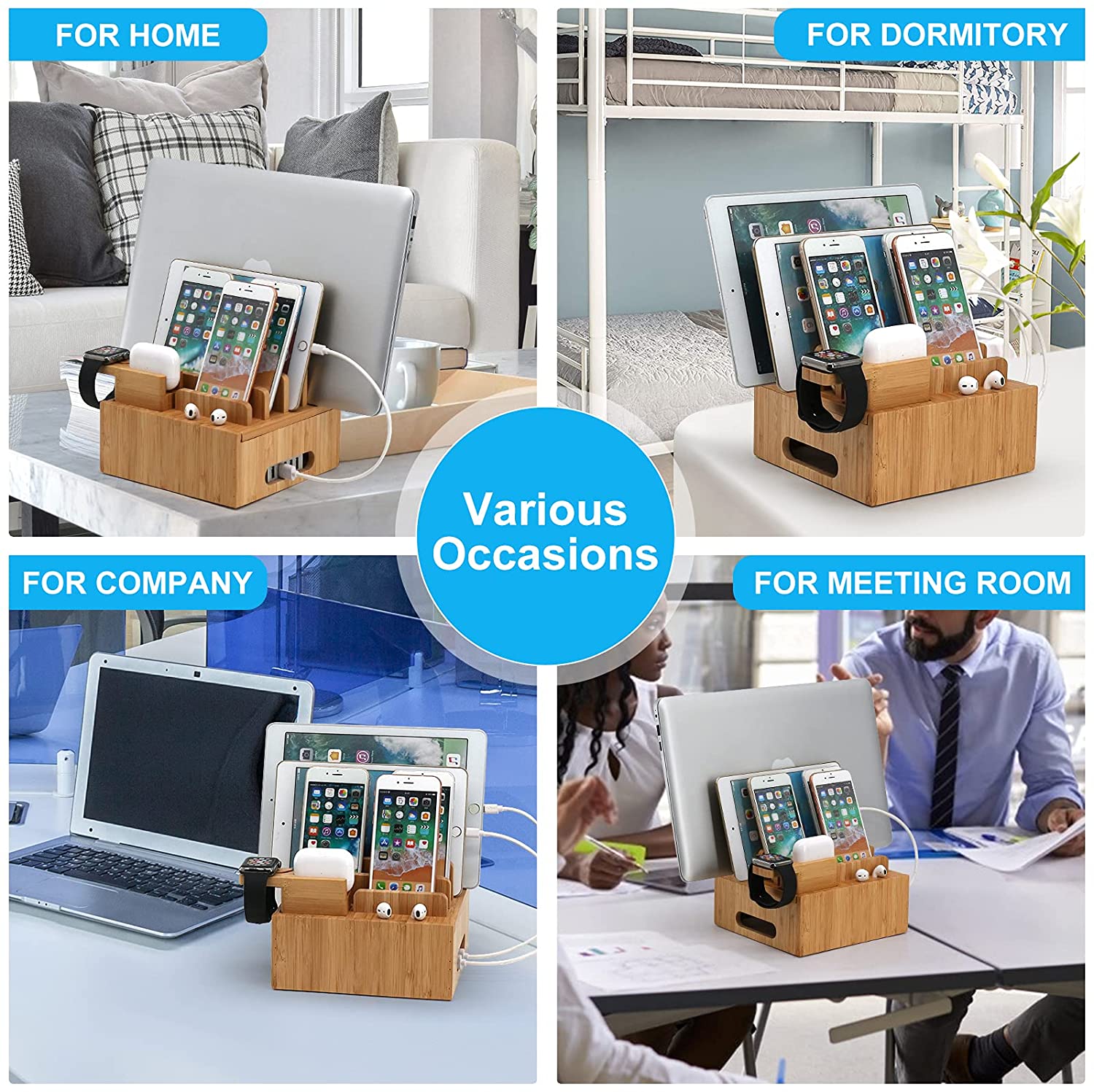 Maliben | Tekavo Chargedock Charging Station Made Of Bamboo | 5-Port Usb & Organizer | For Smartphone, Tablet & Smartwatch | Incl. Cable Set