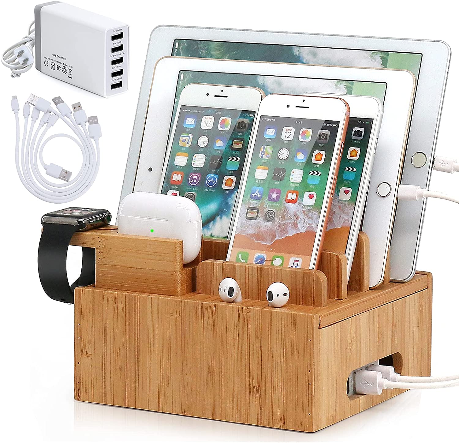 Maliben | Tekavo Chargedock Charging Station Made Of Bamboo | 5-Port Usb & Organizer | For Smartphone, Tablet & Smartwatch | Incl. Cable Set