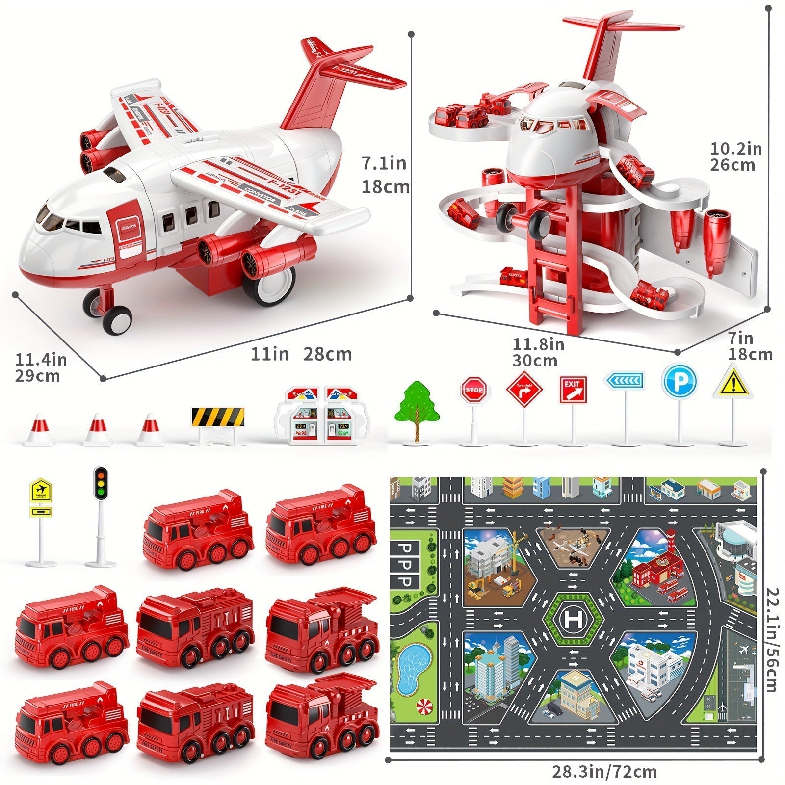 Maliben | Skyrescue | Adventurous Play Fun - Airplane And Fire Truck Playset With Play Mat