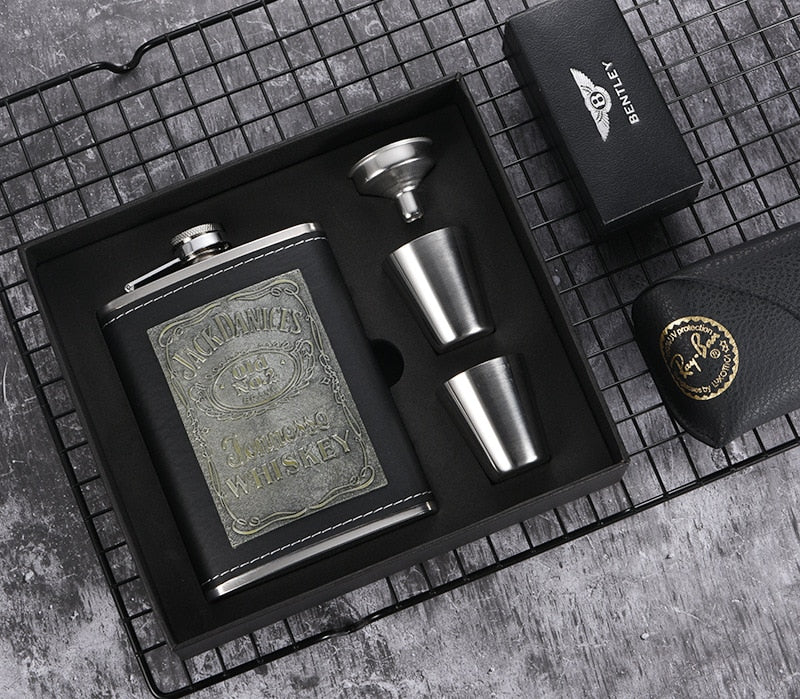 Maliben | 8oz Whisky Bottle made of Stainless Steel Alcohol Funnel Hip Flask Embroidered Golden Silk Fabric Packaging Gift Box Set