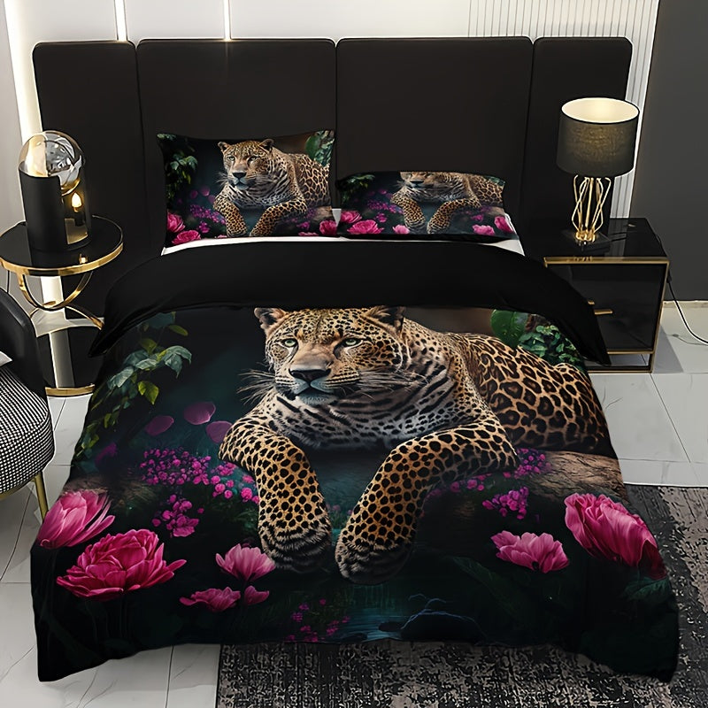 Maliben | Luxurious Animal Print Bedding Set With Rose Pattern - 3-Piece