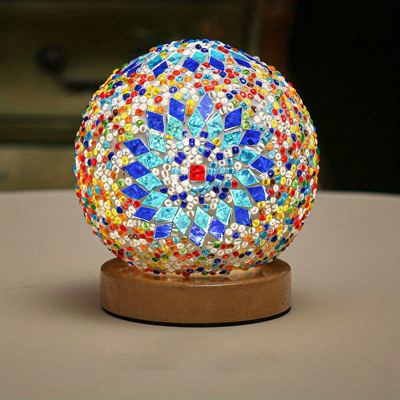 Maliben | Mosaic Glass Ball Table Lamp With Wooden Base - Turkish Moroccan Inspired