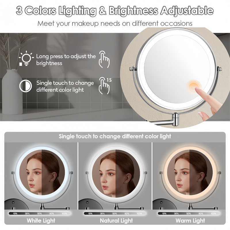 Maliben | Rechargeable Wall-Mounted ShavIng Mirror | 360° Rotation. 1x/10x Magnification And Adjustable Led Lighting For Use in The Bathroom