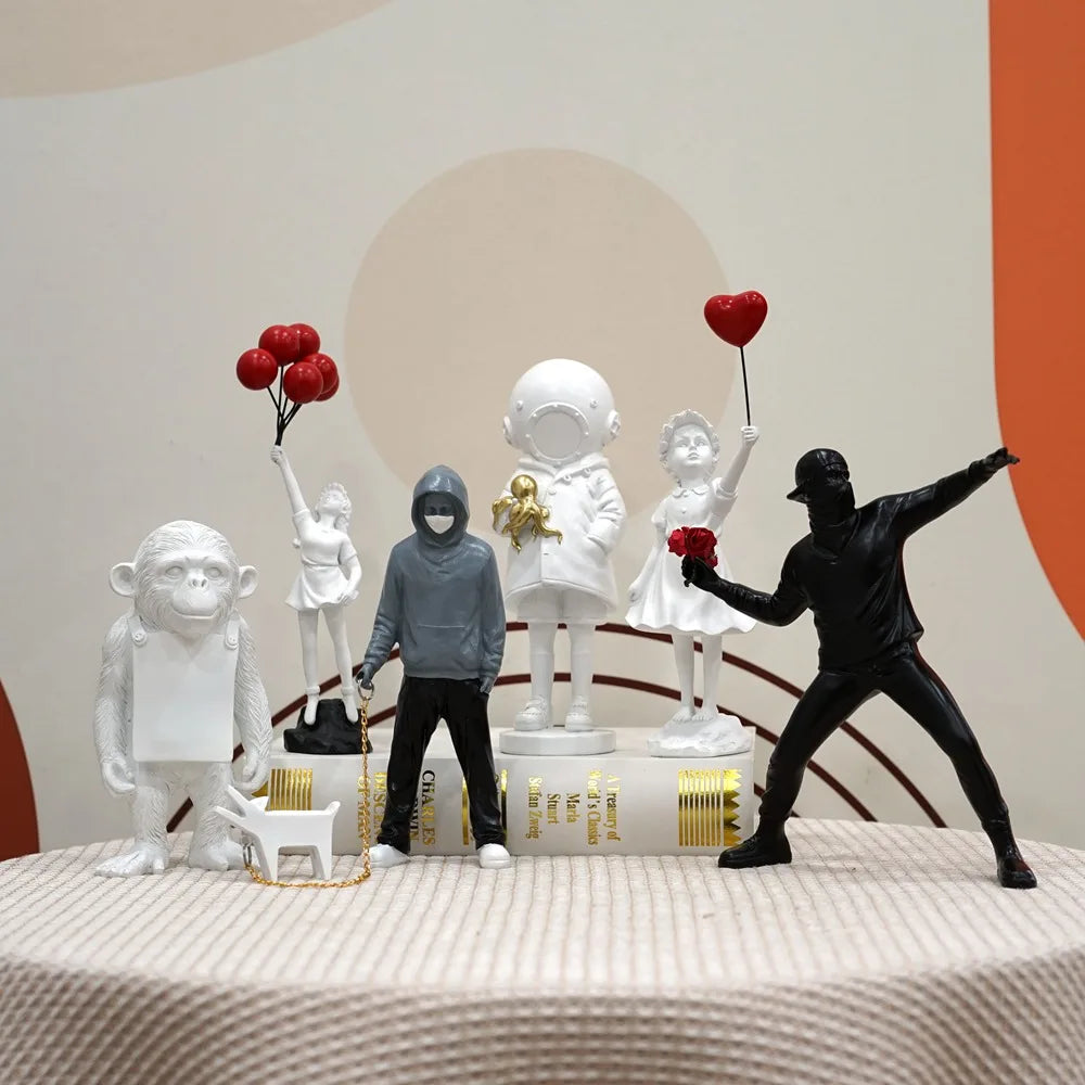 Maliben | Artify Banksy Sculpture Collection | Flower Thrower & Balloon Girl | Pop Art Figures | Modern Office & Home Decoration