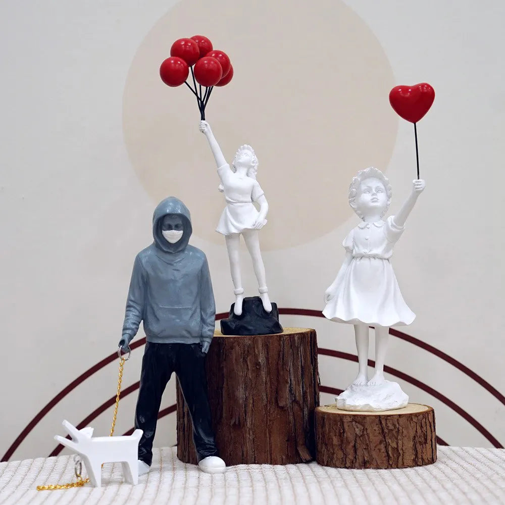 Maliben | Artify Banksy Sculpture Collection | Flower Thrower & Balloon Girl | Pop Art Figures | Modern Office & Home Decoration
