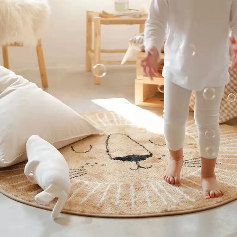 Maliben Round Lion Rug for Kids — Soft Polyester, 80–120 cm