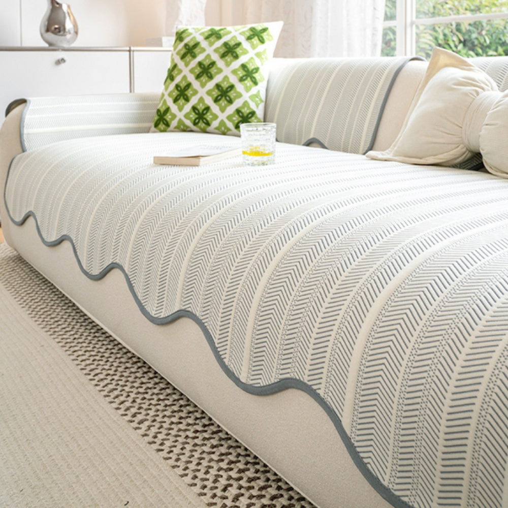 Maliben | Aurivelle Herringbone Sofa Cover with Scalloped Edge Trim