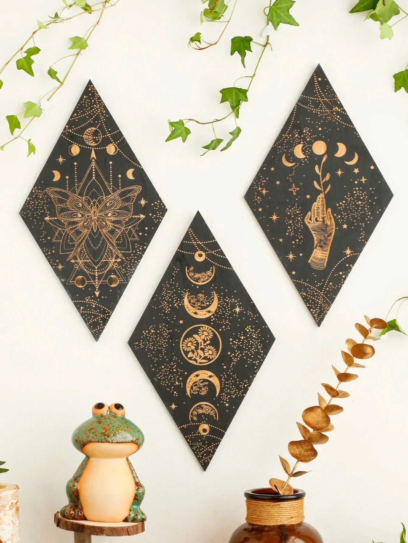 Maliben | Black Moon Phases Wooden Wall Decoration Rhombus Wall Art Boho Home Decor Witch Tapestry Decoration Room Decor Aesthetic Gift