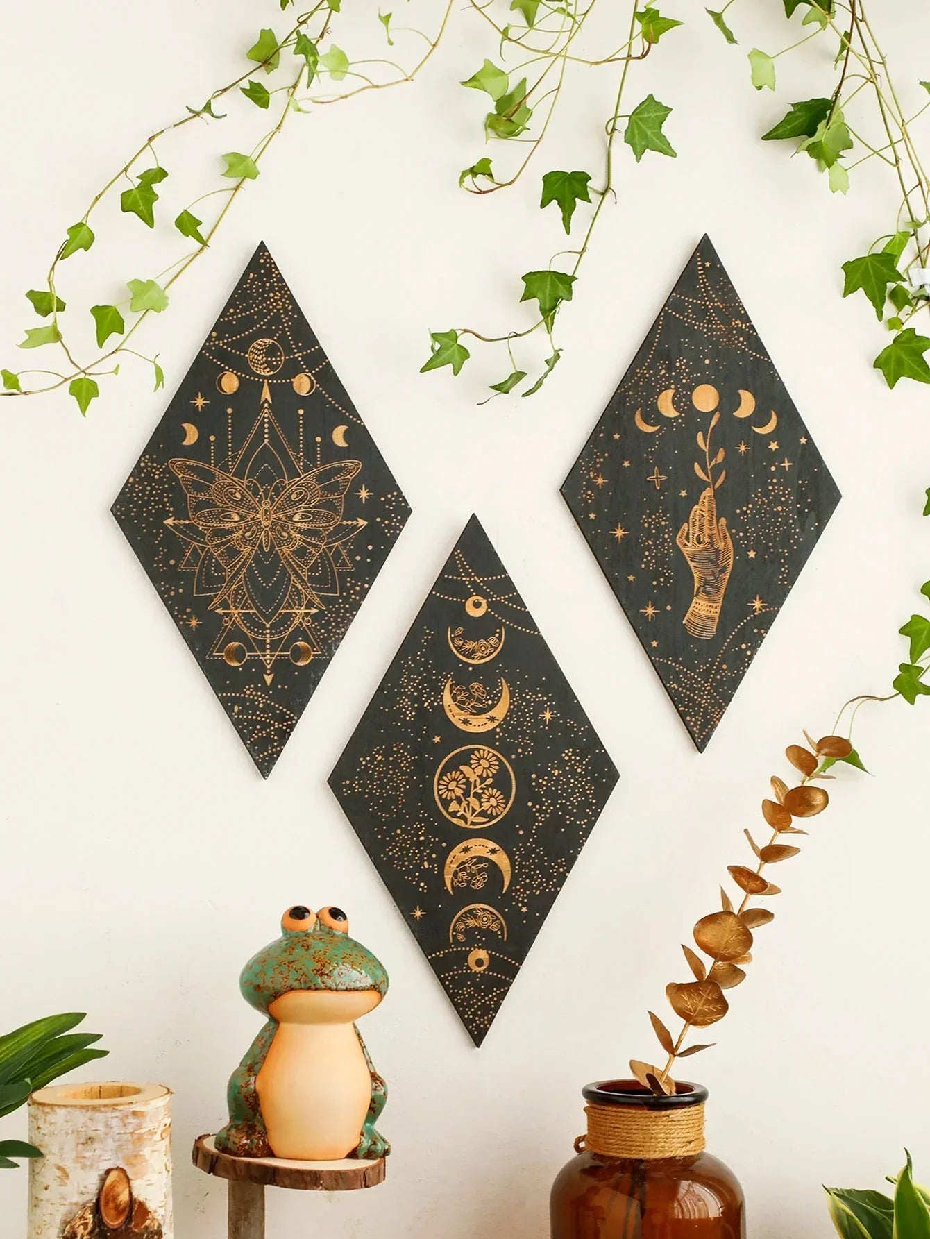 Maliben | Black Moon Phases Wooden Wall Decoration Rhombus Wall Art Boho Home Decor Witch Tapestry Decoration Room Decor Aesthetic Gift