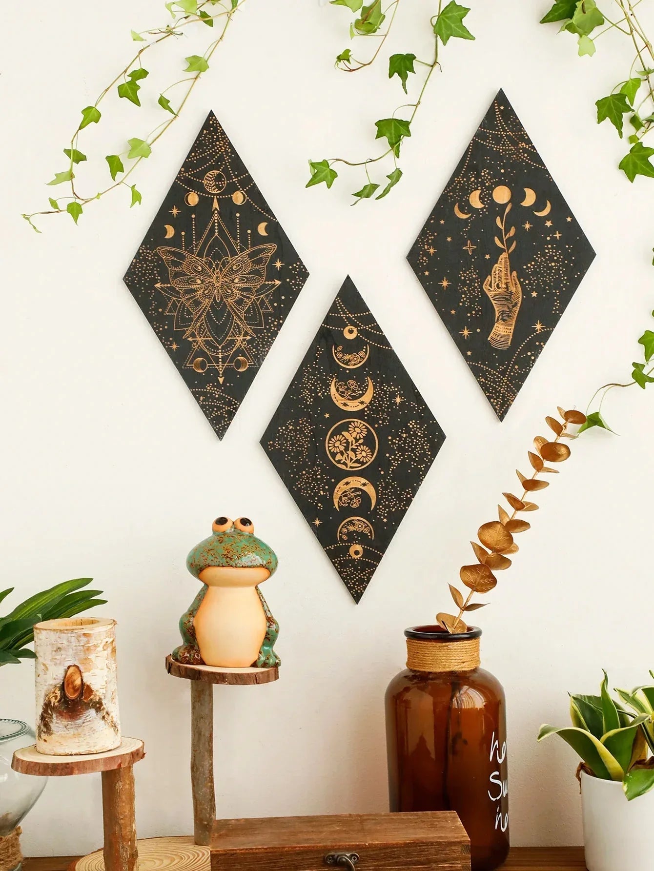 Maliben | Black Moon Phases Wooden Wall Decoration Rhombus Wall Art Boho Home Decor Witch Tapestry Decoration Room Decor Aesthetic Gift
