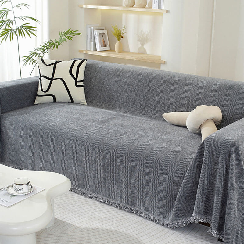 Maliben | Chenille Blanket Herringbone Tassel Sofa Cover