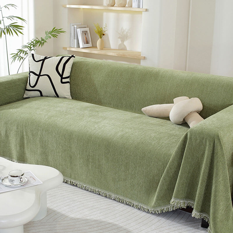 Maliben | Chenille Blanket Herringbone Tassel Sofa Cover