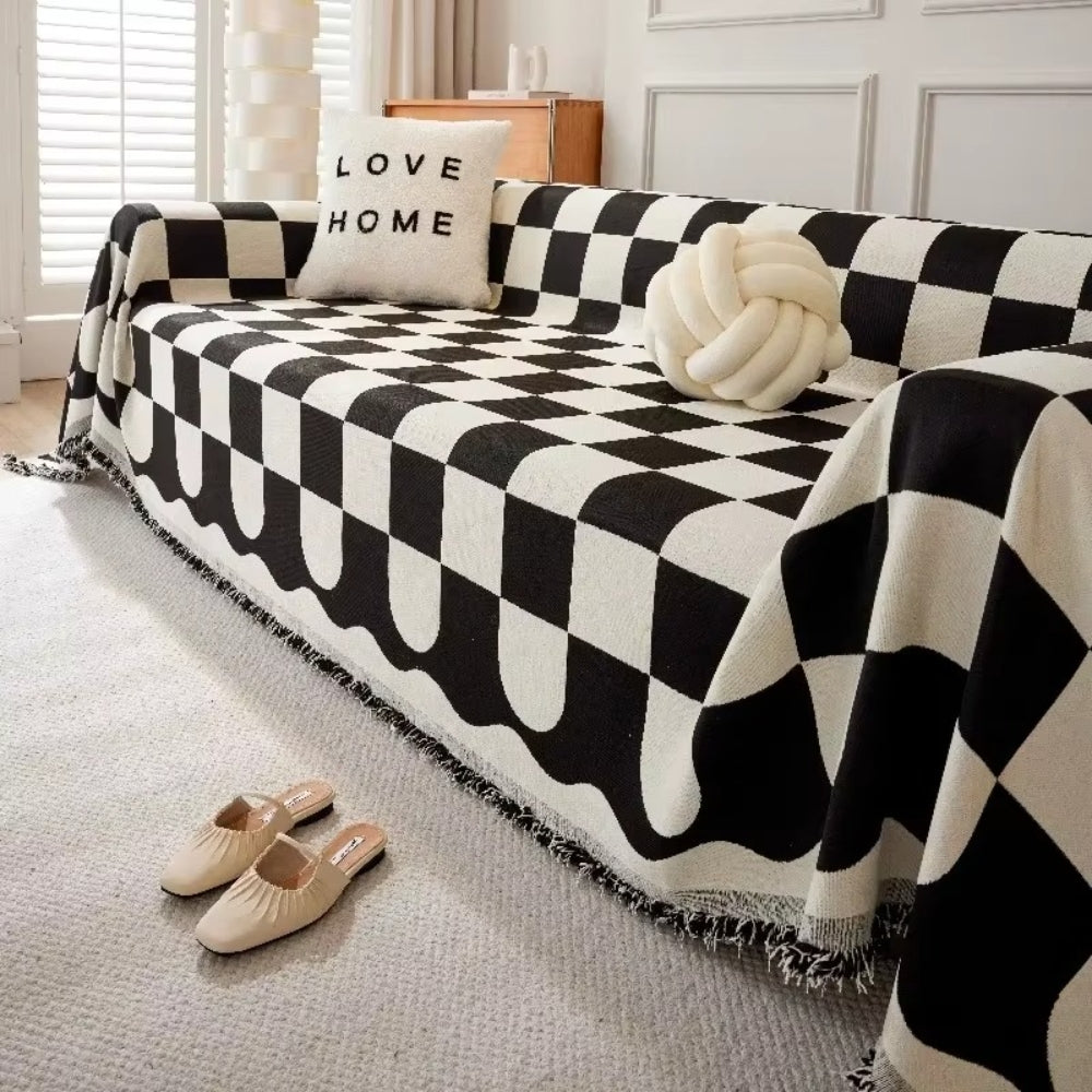 Maliben | Chess Board Chic Tasseled Sofa Cover