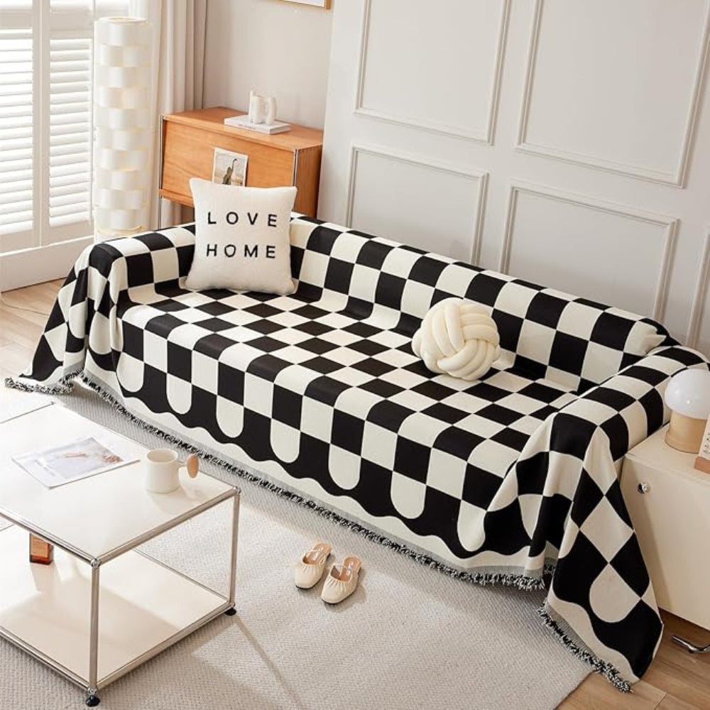 Maliben | Chess Board Chic Tasseled Sofa Cover