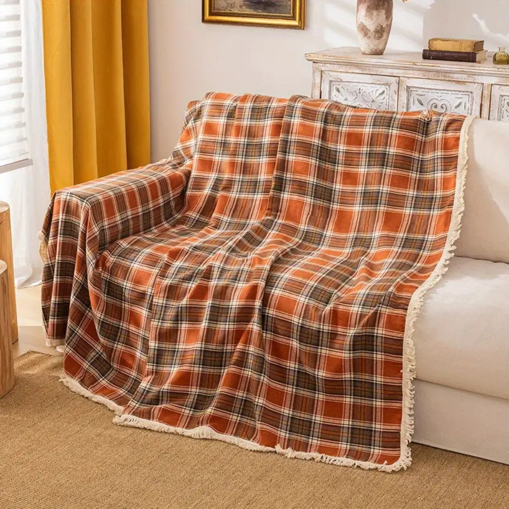 Maliben | Autumn Chestnut Plaid Sofa Cover
