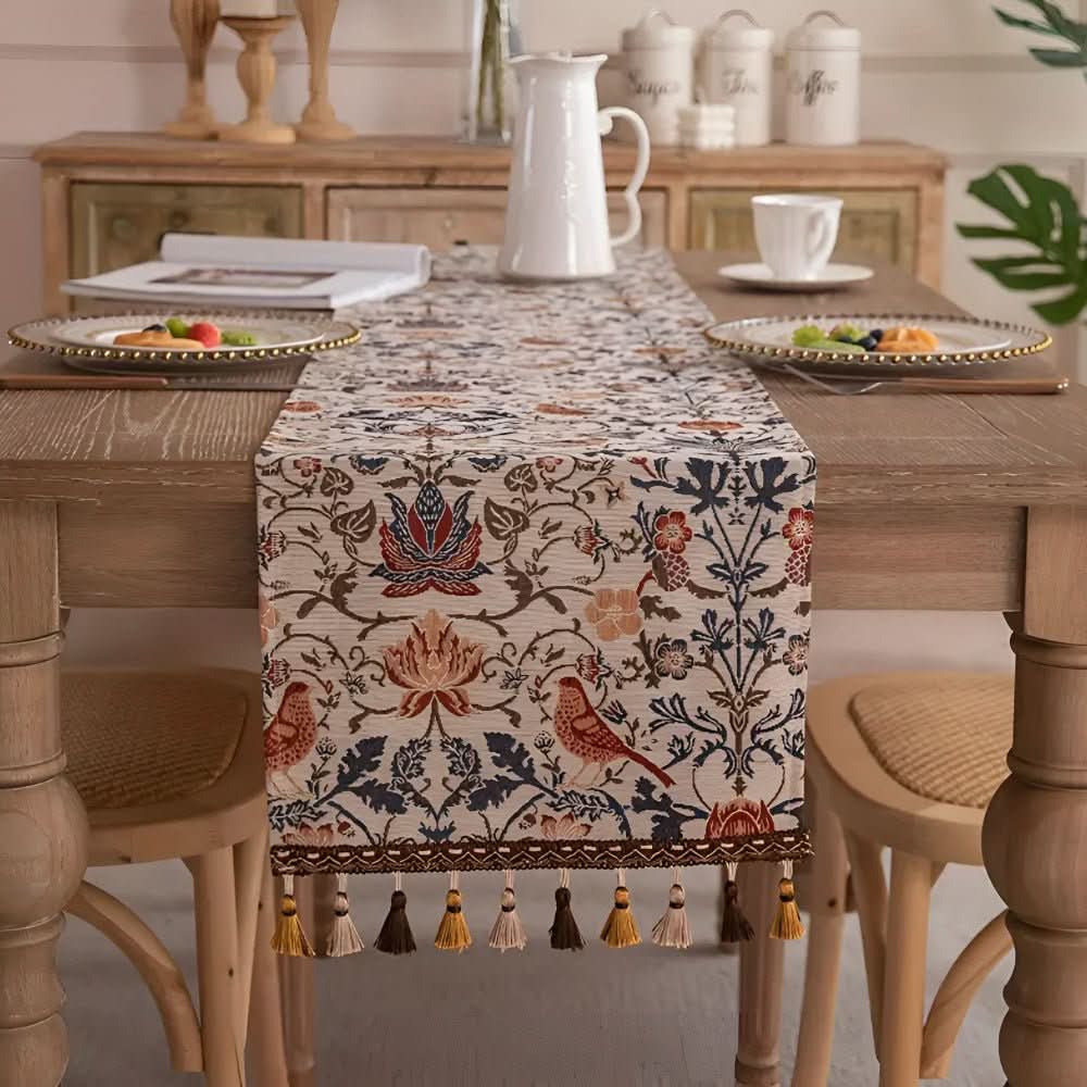 Maliben | Elegant Table Runner With Flower And Bird Design