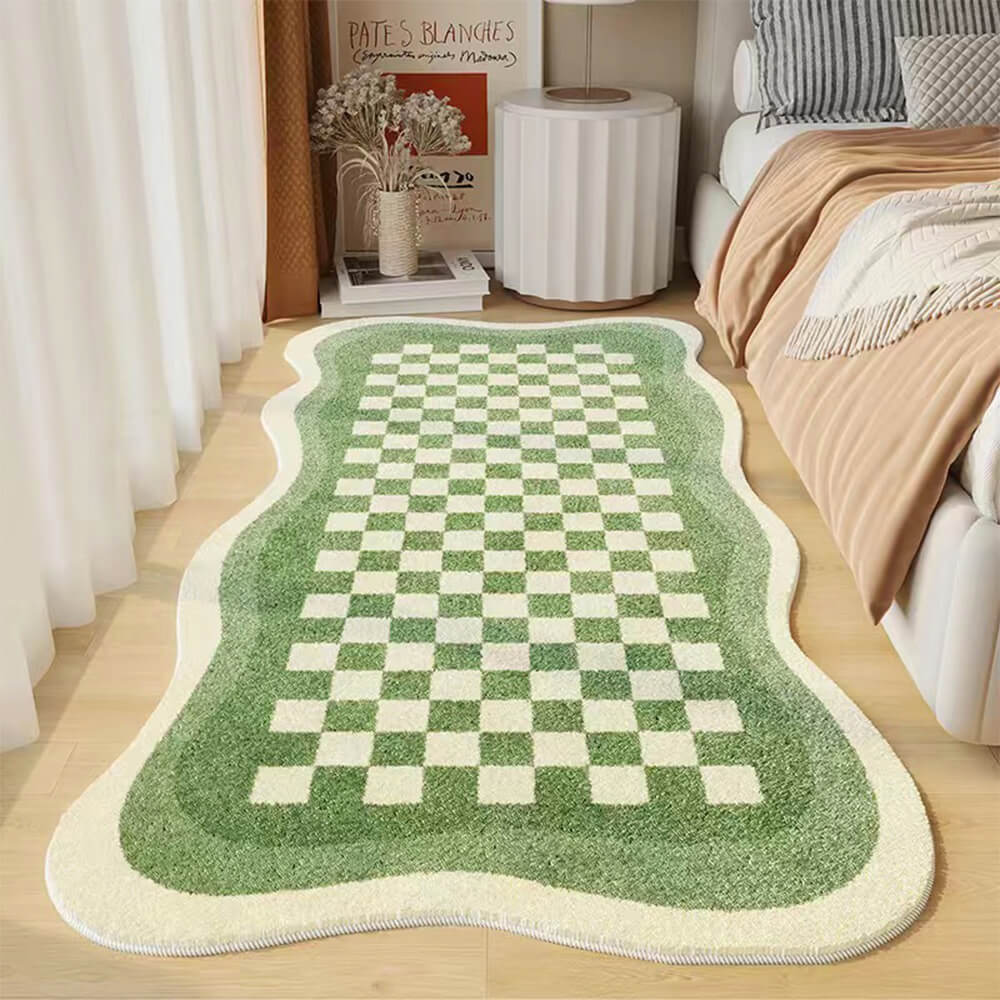 Maliben | Faux Cashmere Checkered Cozy Nightstand Rug Irregular Shape Rug