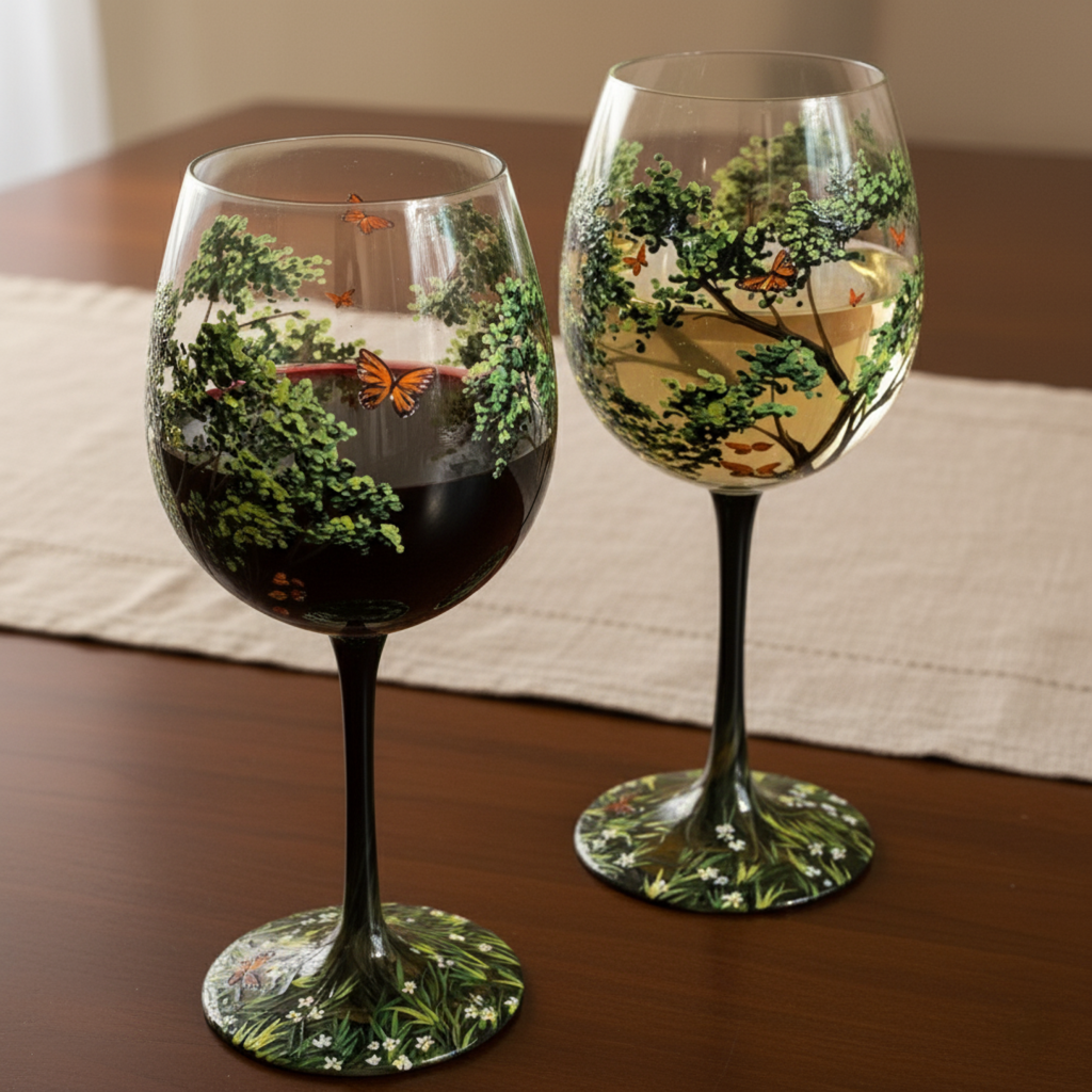 Maliben | Hand Painted Four Seasons Tree Wine Glasses | Unique Art