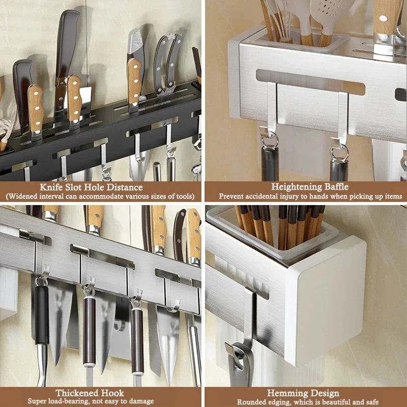 Maliben | Kitchen Form Wall Knife Holder Made Of Stainless Steel | Nail-Free & Space-Saving | With Hooks For Kitchen Utensils | Rust-Free & Modern