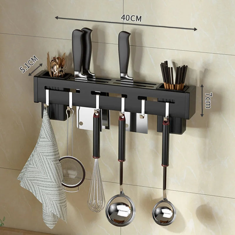 Maliben | Kitchen Form Wall Knife Holder Made Of Stainless Steel | Nail-Free & Space-Saving | With Hooks For Kitchen Utensils | Rust-Free & Modern