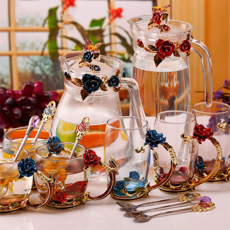 Maliben | Handcrafted Enamel Coffee Mugs Rose-Glass Tea Cup with Steel Spoon Luxury Unique Gifts for Wedding Valentine's Day Birthday Gifts