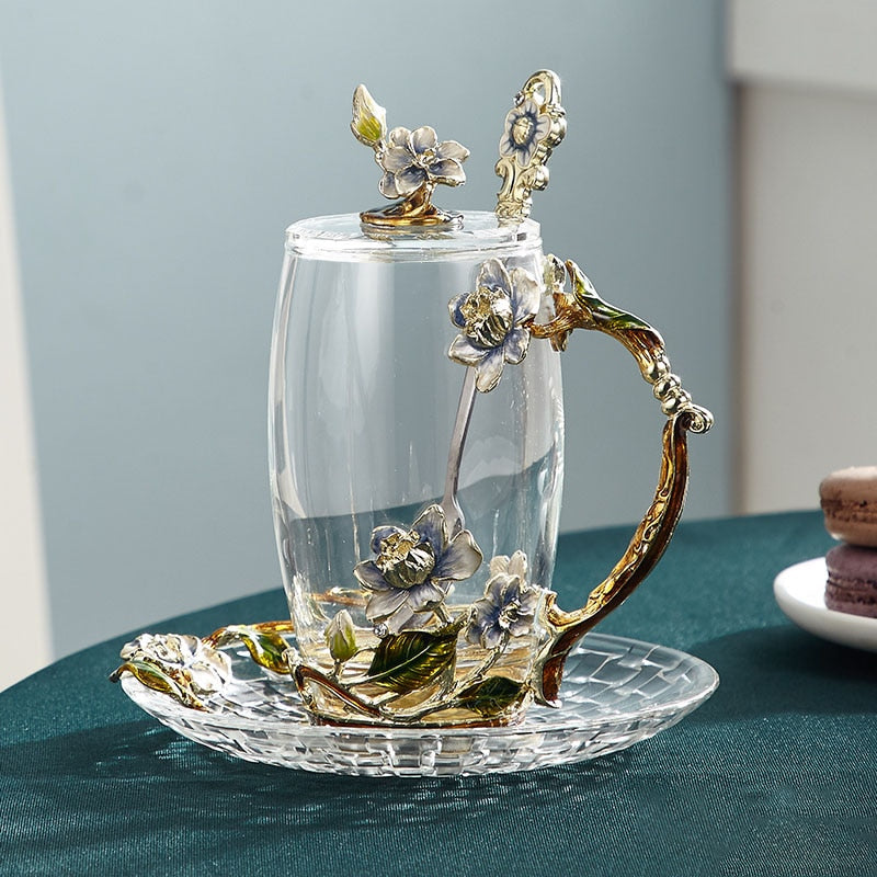 Maliben | Handcrafted Enamel Flower Glass Mug FOr Couples Love Gift Can Serve Coffee, Flavored Tea or Even Lemon Juice In