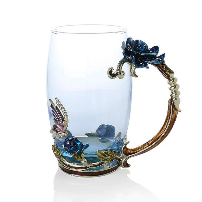 Maliben | Handcrafted Enamel Coffee Mugs Rose-Glass Tea Cup with Steel Spoon Luxury Unique Gifts for Wedding Valentine's Day Birthday Gifts