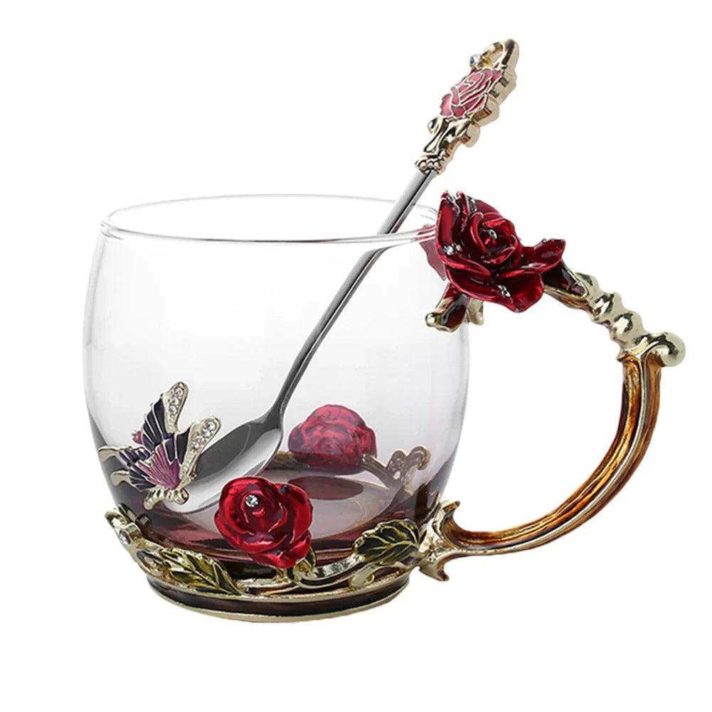 Maliben | Handcrafted Enamel Coffee Mugs Rose-Glass Tea Cup with Steel Spoon Luxury Unique Gifts for Wedding Valentine's Day Birthday Gifts