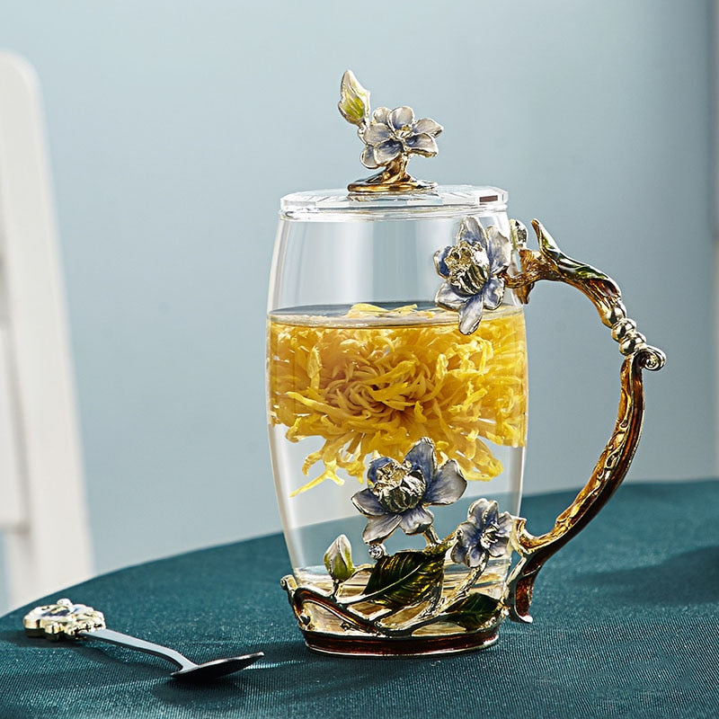 Maliben | Handcrafted Enamel Flower Glass Mug FOr Couples Love Gift Can Serve Coffee, Flavored Tea or Even Lemon Juice In