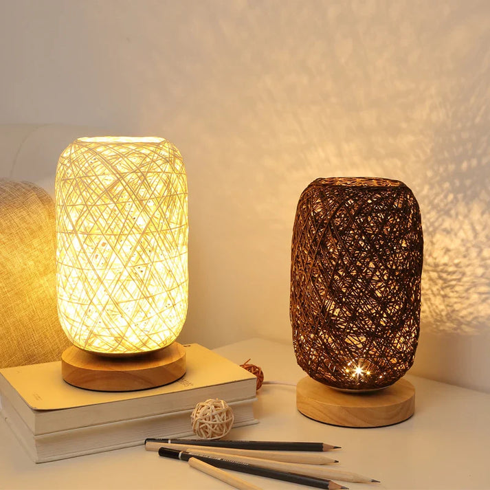 Maliben | Holzluma Led Table Lamp | Handmade From Wood & Rope | Warm White Light | For Bedroom & Living Room