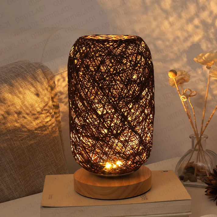 Maliben | Holzluma Led Table Lamp | Handmade From Wood & Rope | Warm White Light | For Bedroom & Living Room