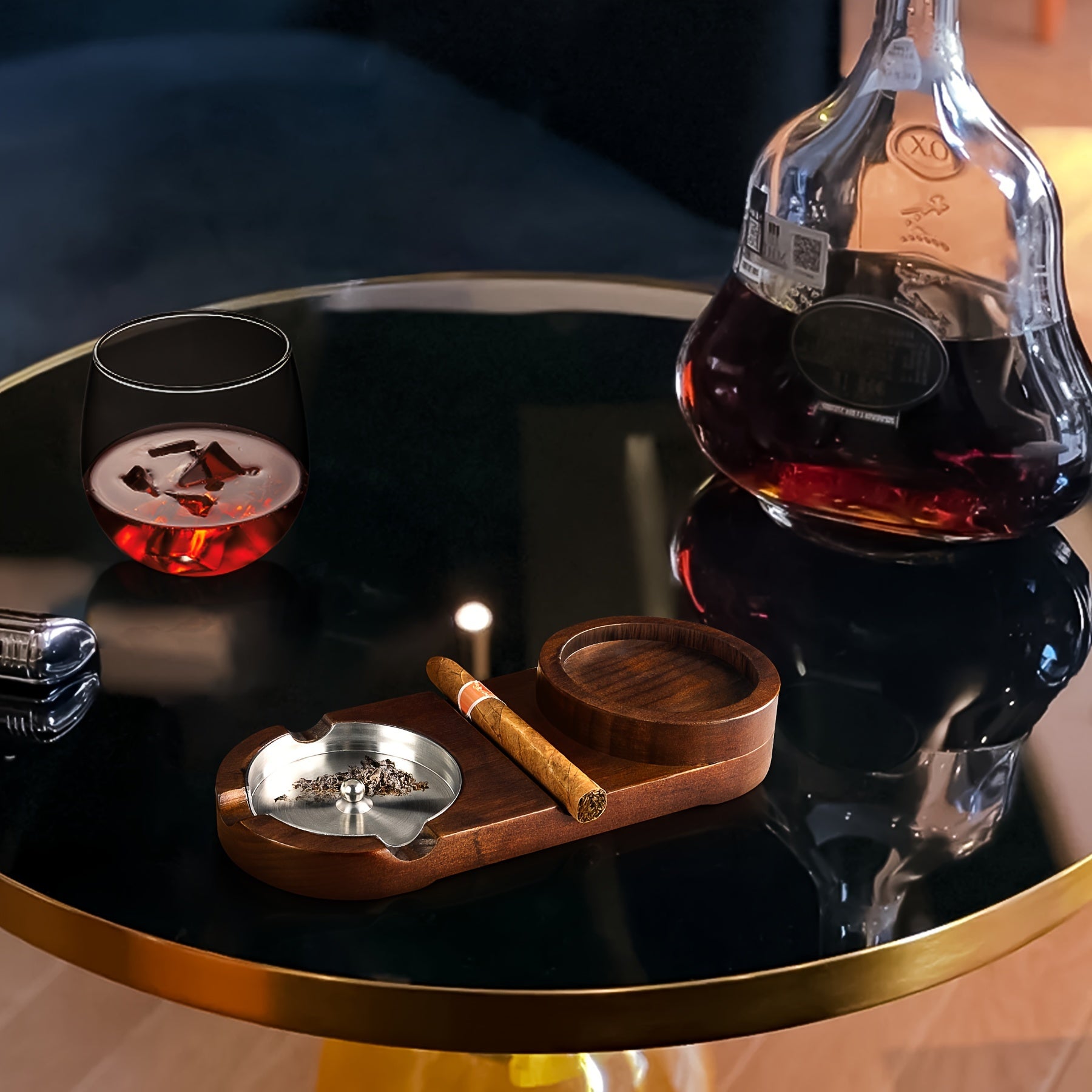 Maliben | Cigaroak Ashtray With Whiskey Holder – Luxury Wooden Bowl For Cigar Enthusiasts