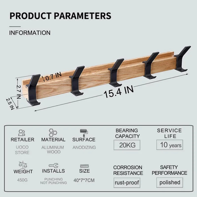 Maliben | Wall Coat Rack With Double Hooks Made Of Nordic Rubber Wood And Aluminum