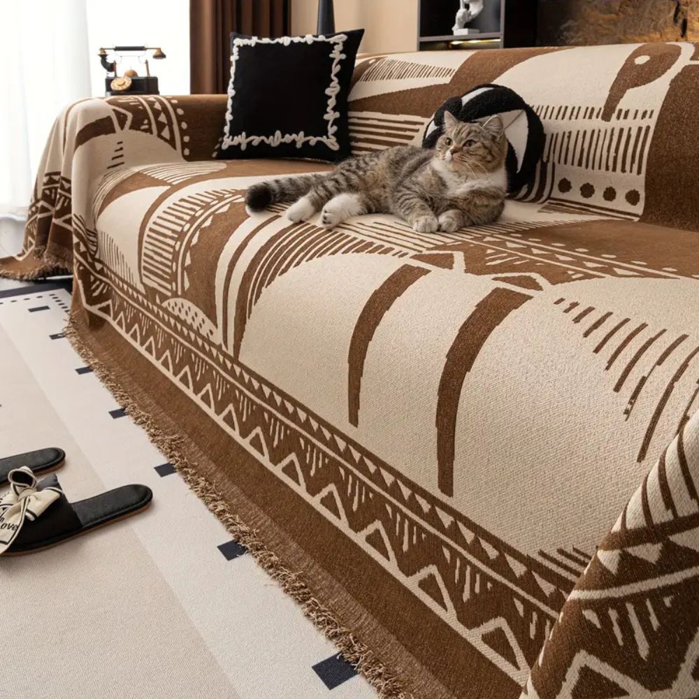 Maliben Mystic Lines Chenille Sofa Cover — Neutral Tribal Pattern