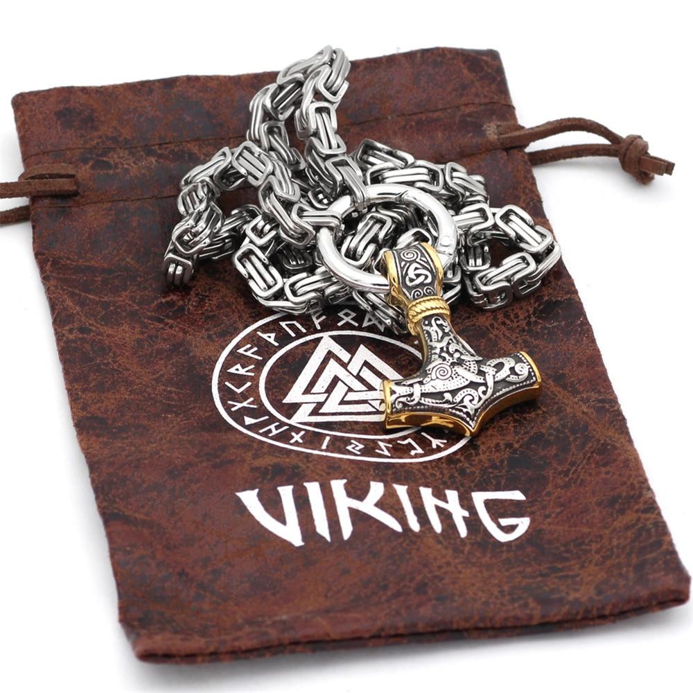 Maliben | 60–90 cm Stainless Steel Double Wolf Head & Mjolnir Survival Spirit Necklace/Bracelet