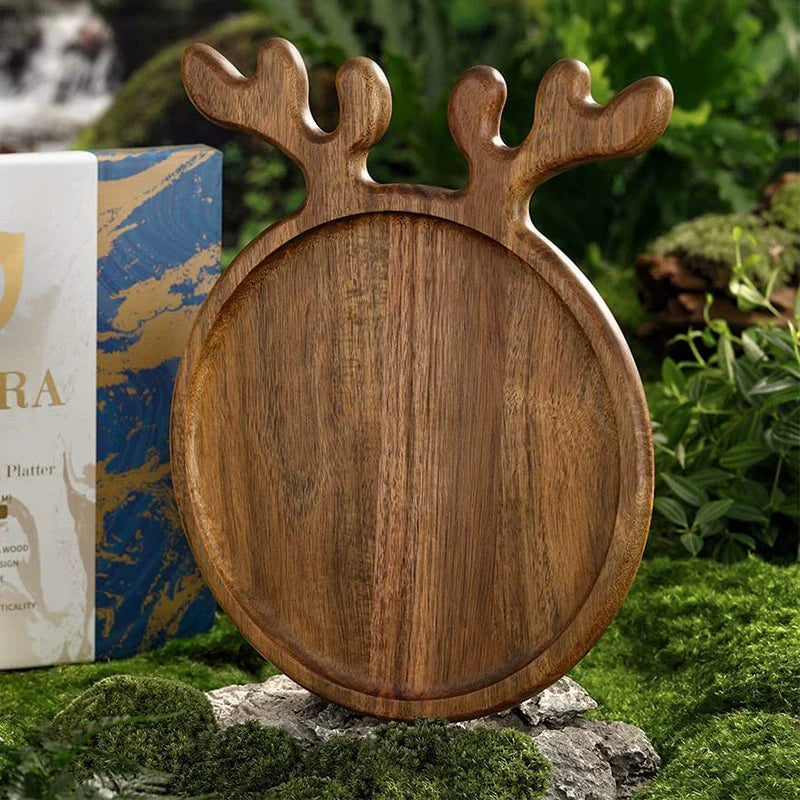 Christmas Deer Antler Acacia Wood Serving Tray