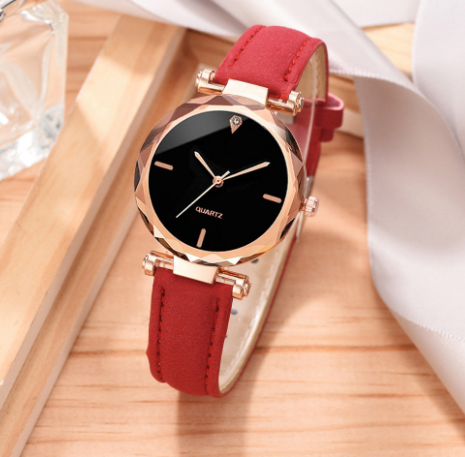 Maliben | Red Frameless Diamond Cutting Wristwatch Genuine Leather Watch