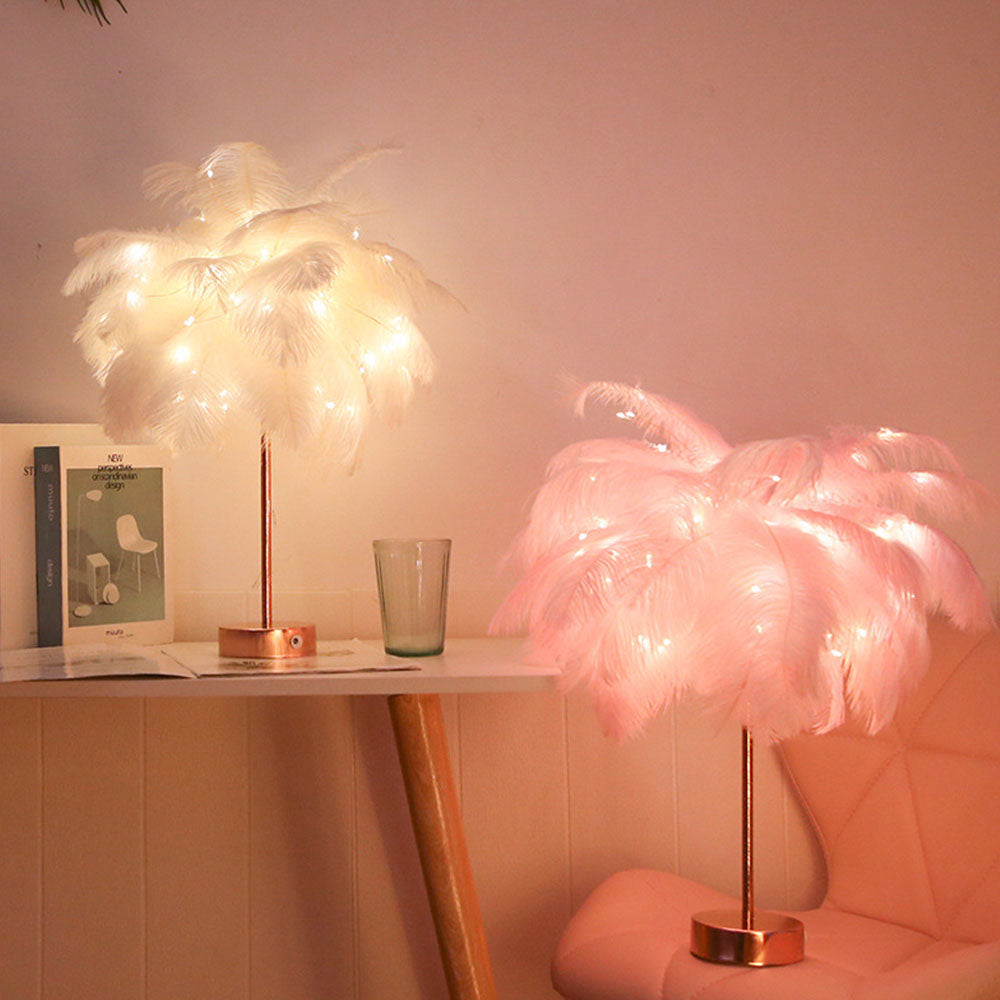 Maliben | Ostrich Night Lamp | Eccentric Lamp With Feathers & Rose Gold Base
