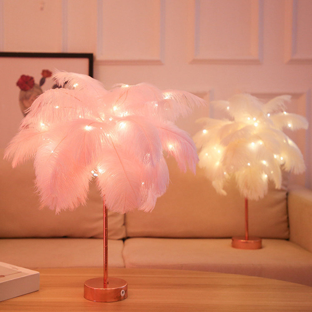 Maliben | Ostrich Night Lamp | Eccentric Lamp With Feathers & Rose Gold Base