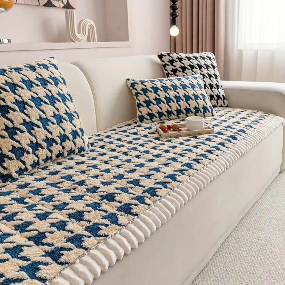 Maliben | Colourful Plush Houndstooth Sofa Cover and Cushion Cover