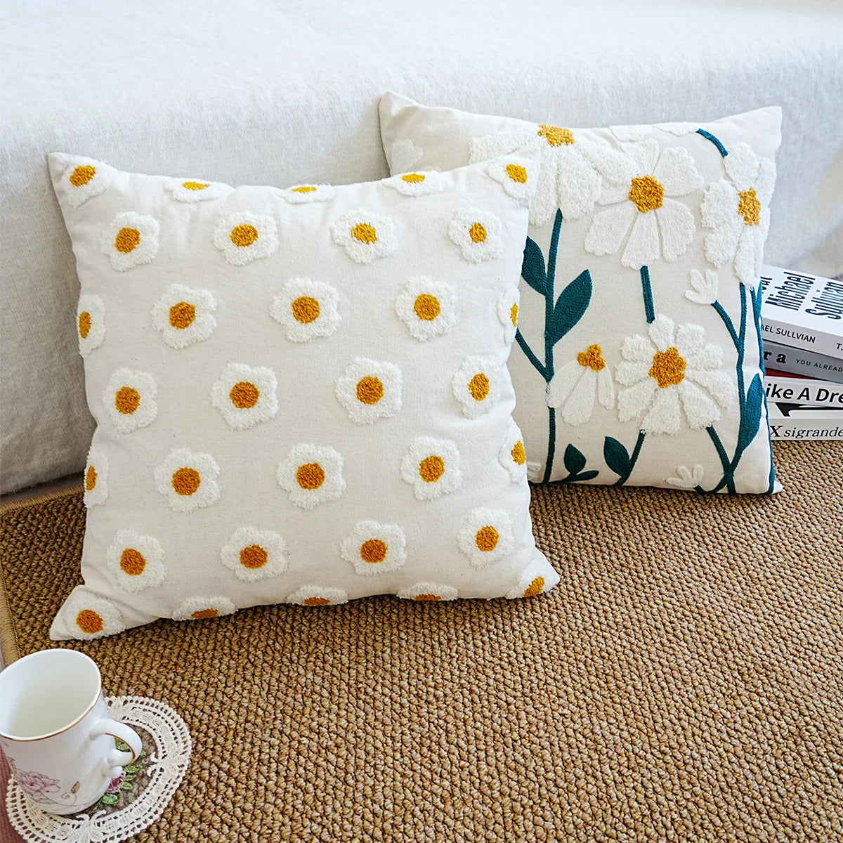 Maliben | Cushion With Embroidered Daisies For Sofa And Living Room Without Filling
