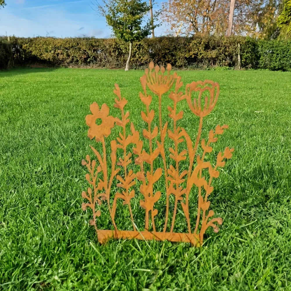 Maliben | Floravinta Metal Garden Stake Wildflower | Rust Look Vintage Yellow | For Beds, Pots & Walls | Handcrafted Country Style