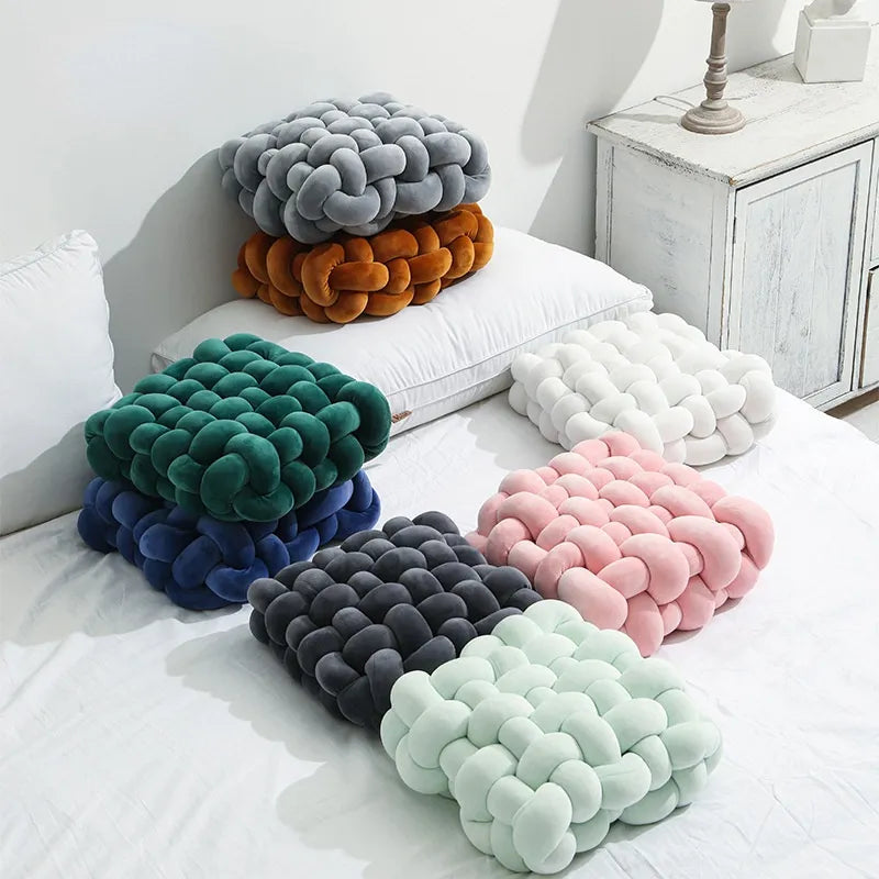 Maliben | Living Room Soft Plush Knot Pillow Sofa Pillow Solid Color Square Handwoven Home Throw Pillow Square Woven Seat Cushion Pillow